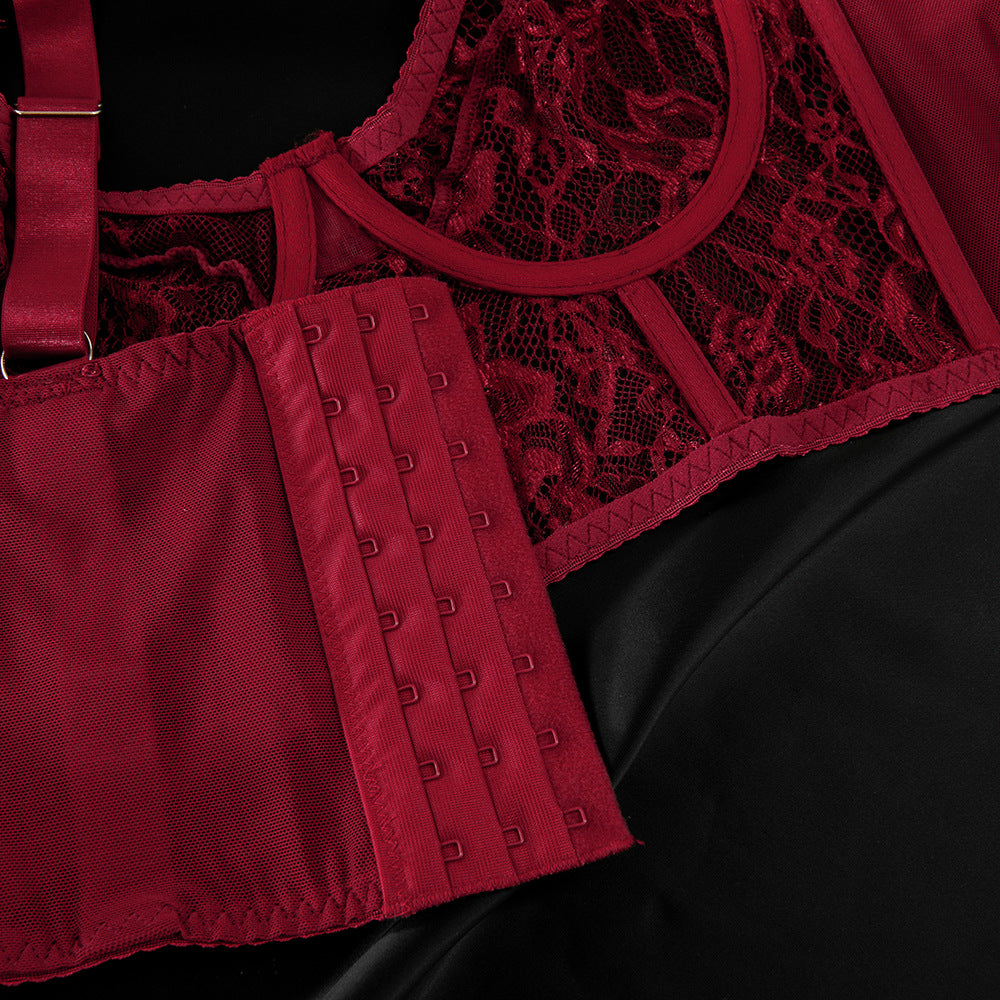 Ultra-Thin Mesh Embroidery Lingerie Set, Hollow See-Through Underwire Cami 3-Piece Sexy Outfit