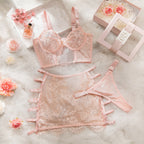 Ultra-Thin Mesh Embroidery Lingerie Set, Hollow See-Through Underwire Cami 3-Piece Sexy Outfit