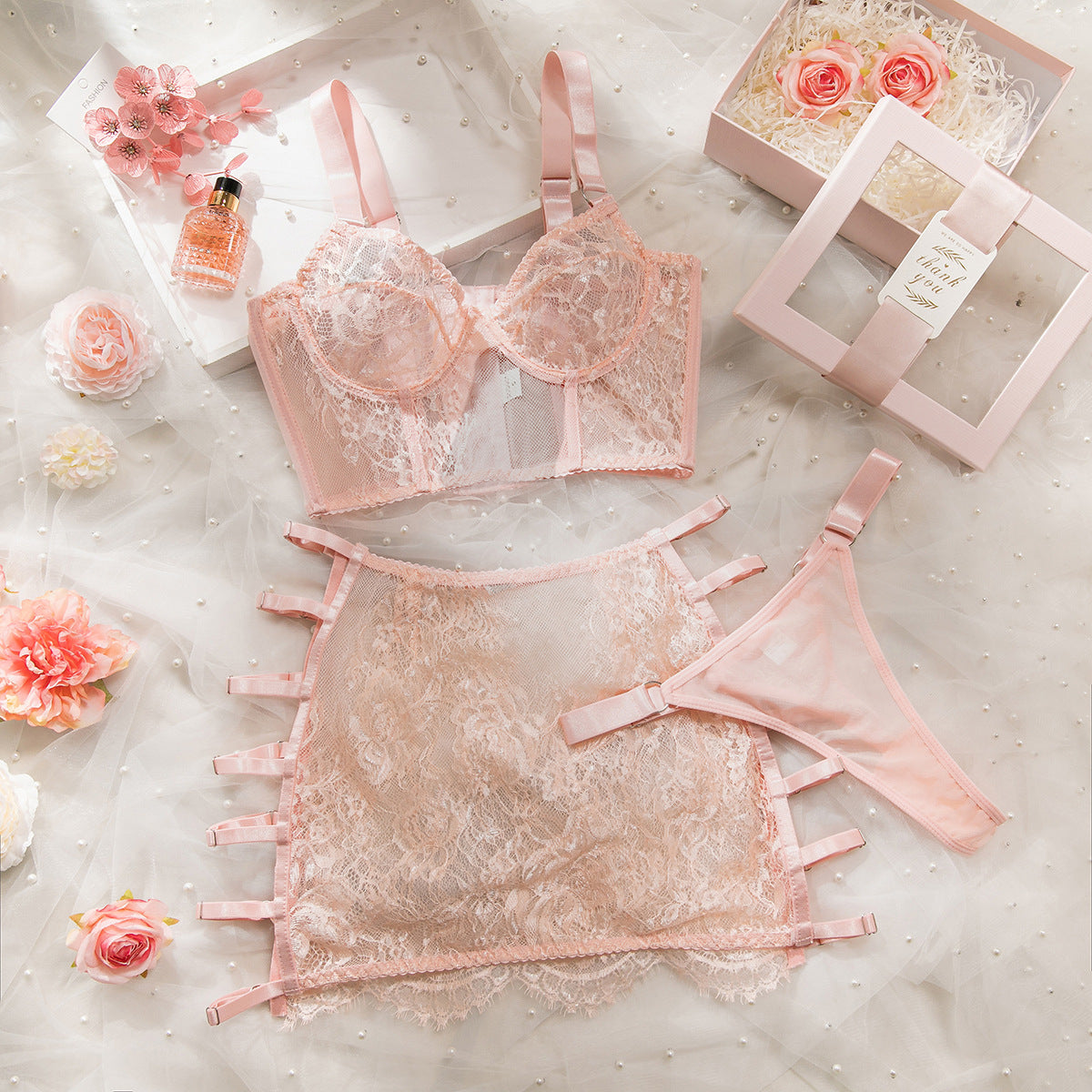 Ultra-Thin Mesh Embroidery Lingerie Set, Hollow See-Through Underwire Cami 3-Piece Sexy Outfit