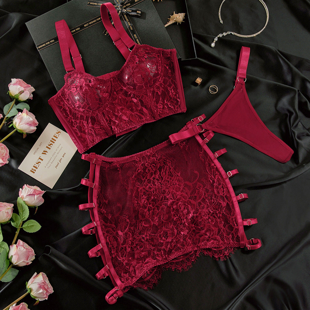 Ultra-Thin Mesh Embroidery Lingerie Set, Hollow See-Through Underwire Cami 3-Piece Sexy Outfit