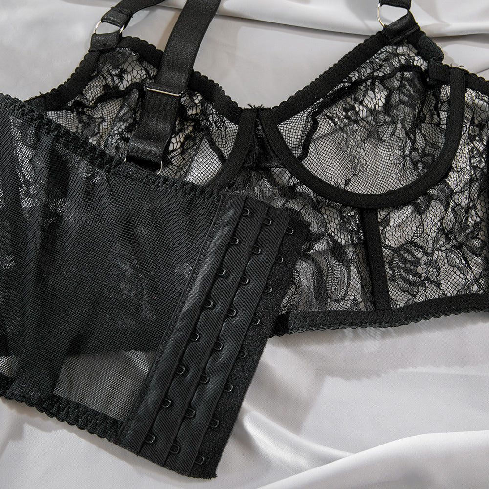 Ultra-Thin Mesh Embroidery Lingerie Set, Hollow See-Through Underwire Cami 3-Piece Sexy Outfit