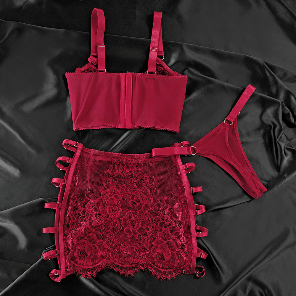 Ultra-Thin Mesh Embroidery Lingerie Set, Hollow See-Through Underwire Cami 3-Piece Sexy Outfit