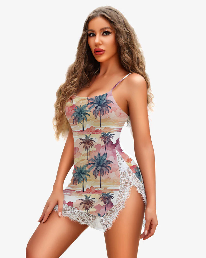 【S】Sunset Palm Trees Lace Side Slit Dress