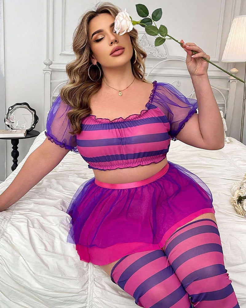 Striped Set Puff-Sleeve Crop Top + Tutu Skirt + Stockings (3-Piece Set)