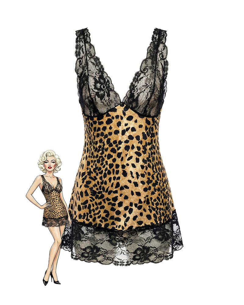 Leopard Print Lace Chemise Nightgown ¨C Sheer V-Neck Sleep Dress