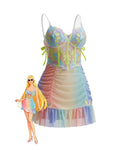 Rainbow Floral Lace Babydoll Mini Dress ¨C Colorful Ruched Ruffle Hem Lingerie