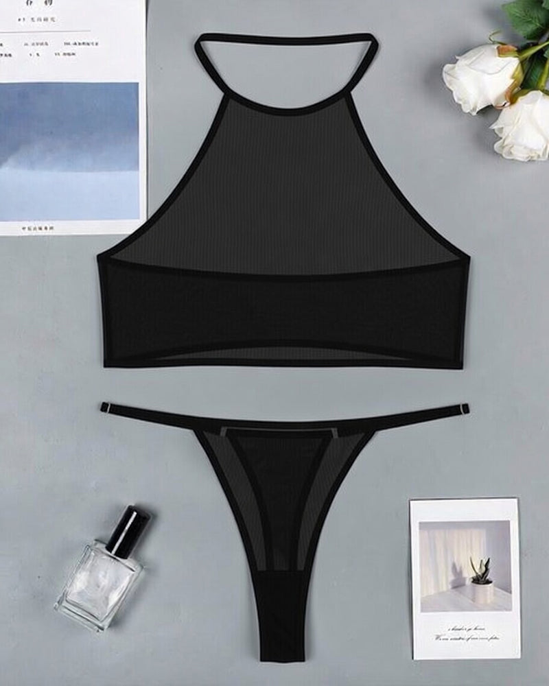 Sheer Mesh Halter Crop Top & Thong Set