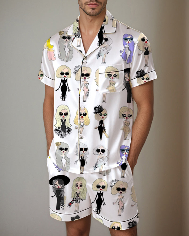 Men Retro Graffiti Cartoon Pattern Satin Pajama Set