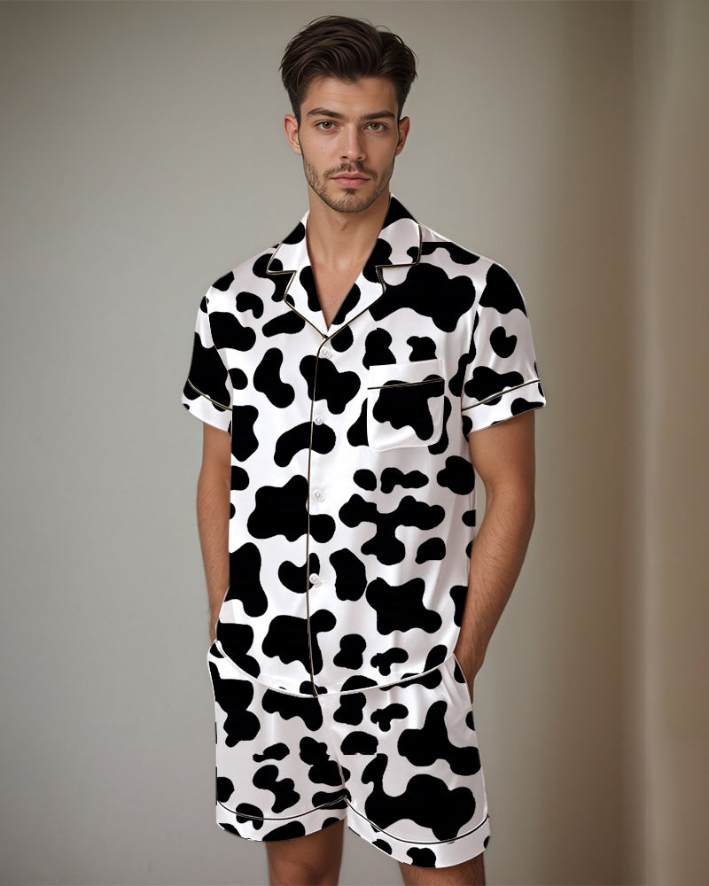 Men Route 66 Pattern Satin Pajama Set