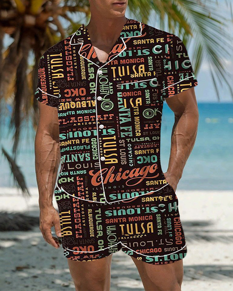 Men Route 66 Pattern Satin Pajama Set