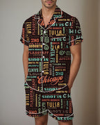 Men Retro Graffiti Cartoon Pattern Satin Pajama Set