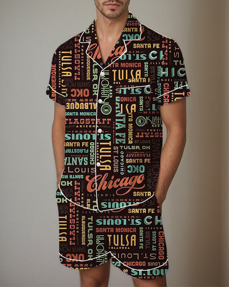 Men Retro Graffiti Cartoon Pattern Satin Pajama Set