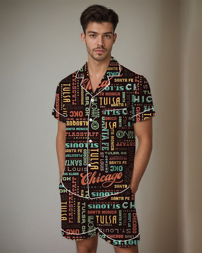 Men Retro Graffiti Cartoon Pattern Satin Pajama Set