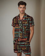 Men Retro Graffiti Cartoon Pattern Satin Pajama Set