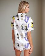 Women Retro Graffiti Cartoon Pattern Satin Pajama Set