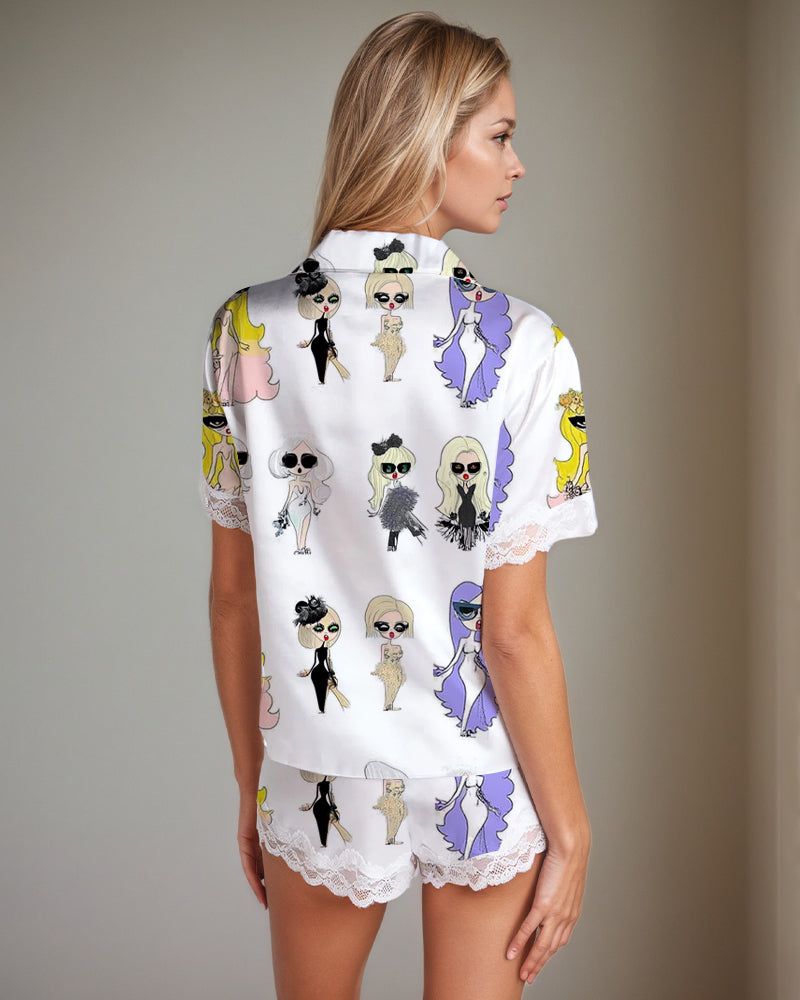 Women Retro Graffiti Cartoon Pattern Satin Pajama Set