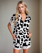 Women Cow Print Satin Pajama Set