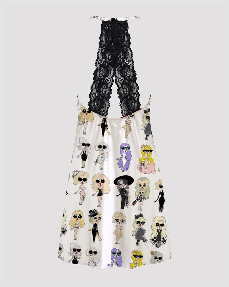 Women Pink Cow Print Satin Suspender Pajamas