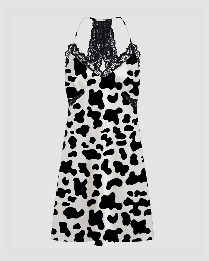 Women Retro Graffiti Cartoon Pattern Satin Suspender Pajamas