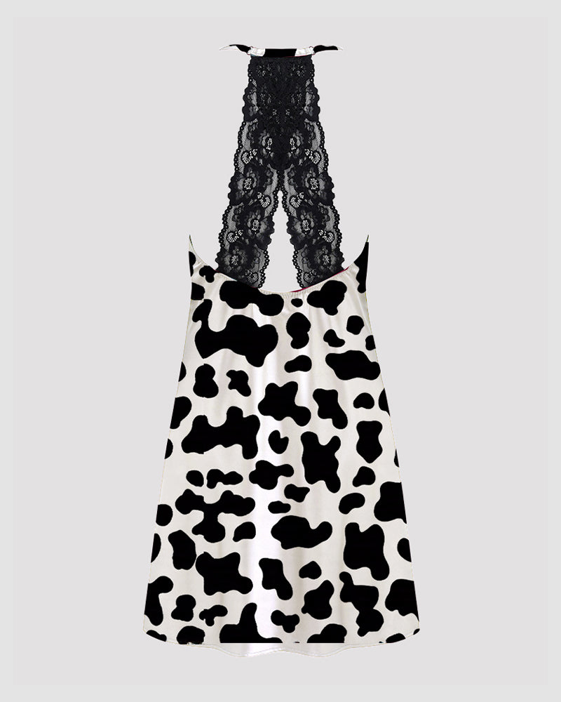 Women Retro Graffiti Cartoon Pattern Satin Suspender Pajamas