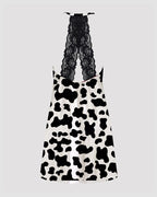 Women Pink Cow Print Satin Suspender Pajamas