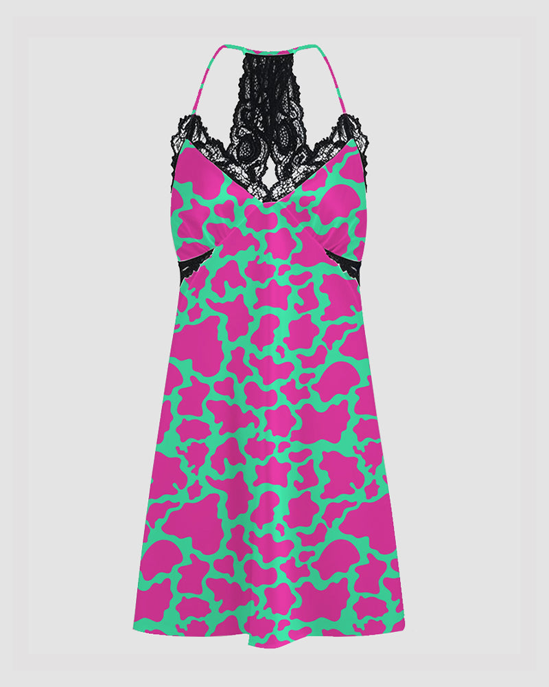Women Black Cow Print Satin Suspender Pajamas