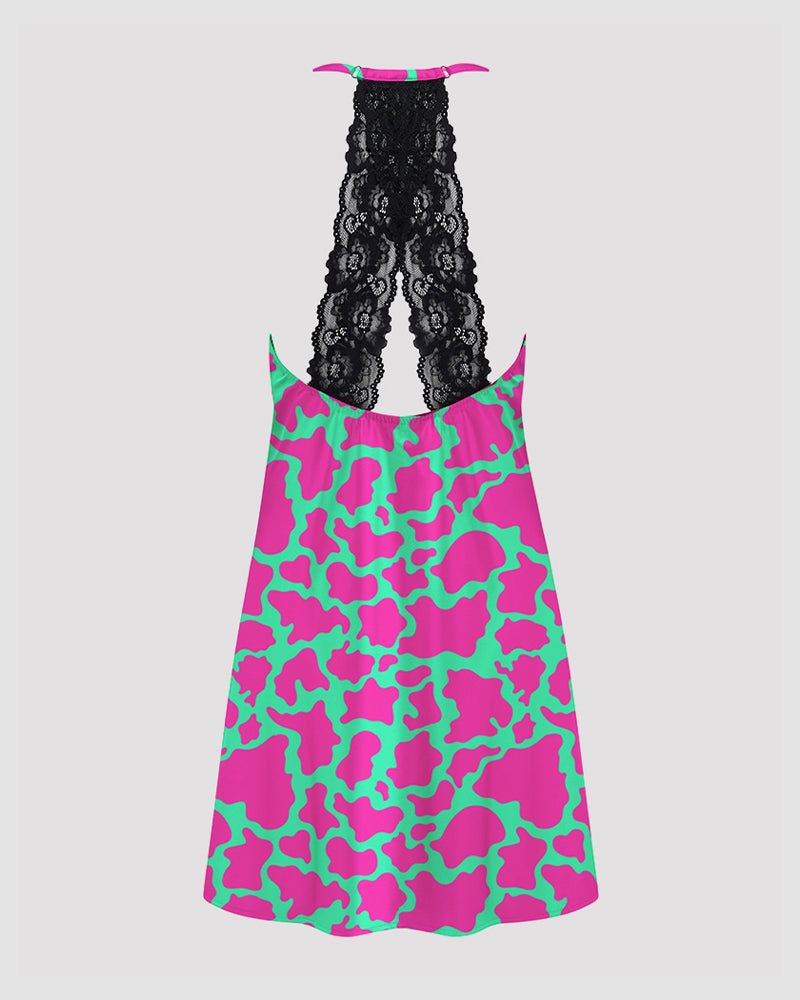 Women Black Cow Print Satin Suspender Pajamas
