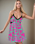Women Pink Cow Print Satin Suspender Pajamas