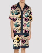 Men Protect The Park Text Pattern Satin Pajama Set