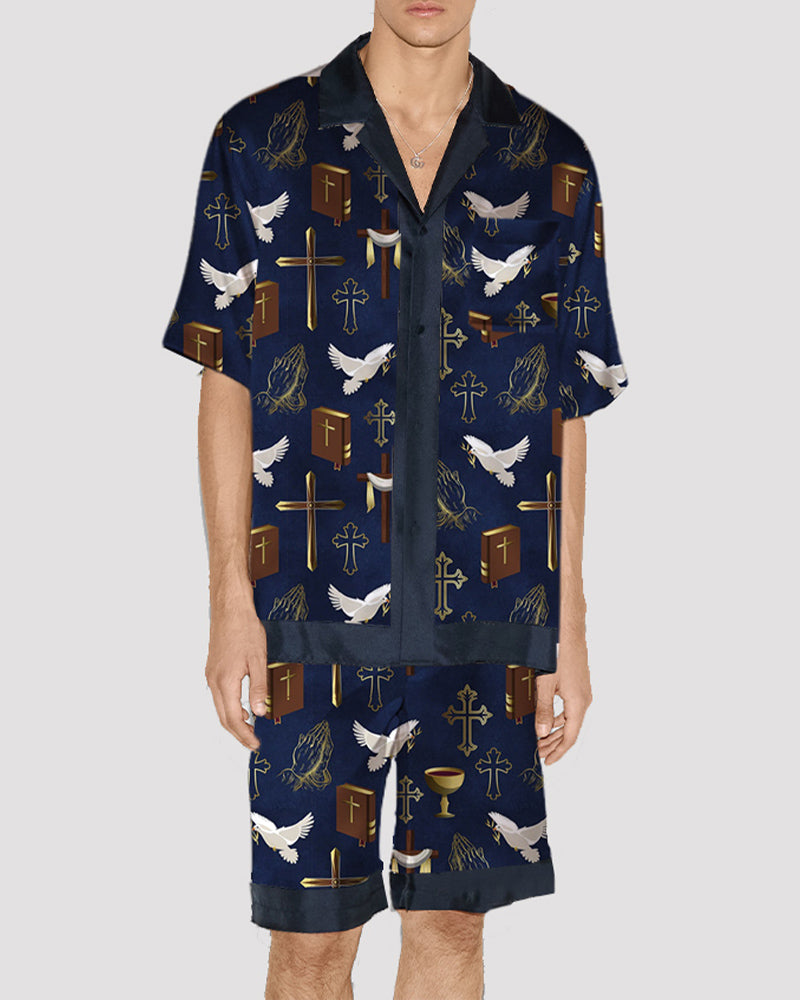 Men Pure White Pattern Satin Pajama Set