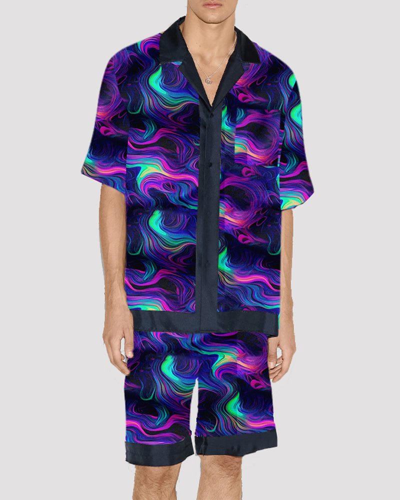 Men Cat Pattern Satin Pajama Set