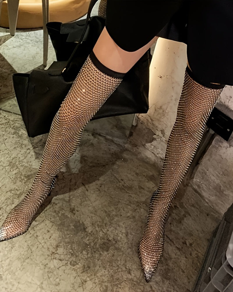 Rhinestone Fishnet Over-the-Knee Stiletto Boots