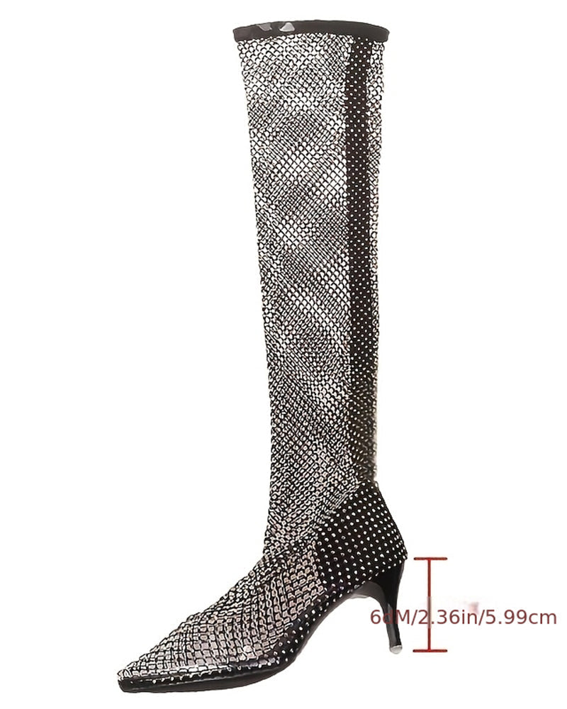 Rhinestone Fishnet Over-the-Knee Stiletto Boots