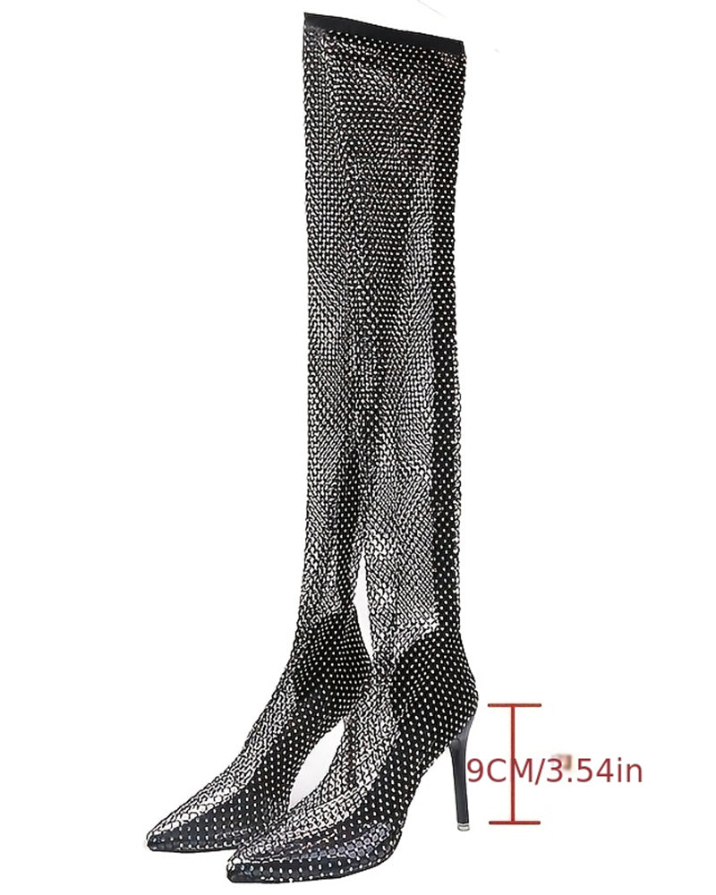 Rhinestone Fishnet Over-the-Knee Stiletto Boots