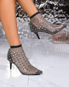 Rhinestone Fishnet Mesh Pointed-Toe Kitten Heel Booties