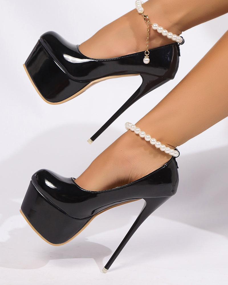 Pearl Anklet Chain Patent Platform Ultra High Heel Pumps