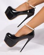 Pearl Anklet Chain Patent Platform Ultra High Heel Pumps