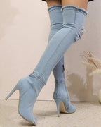 Distressed Denim Over-the-Knee Stiletto Boots