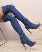 Distressed Denim Over-the-Knee Stiletto Boots