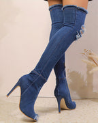 Distressed Denim Over-the-Knee Stiletto Boots