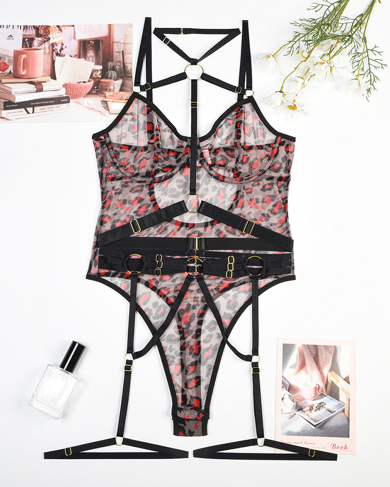 【S】Leopard Mesh Bodysuit with Steel Ring