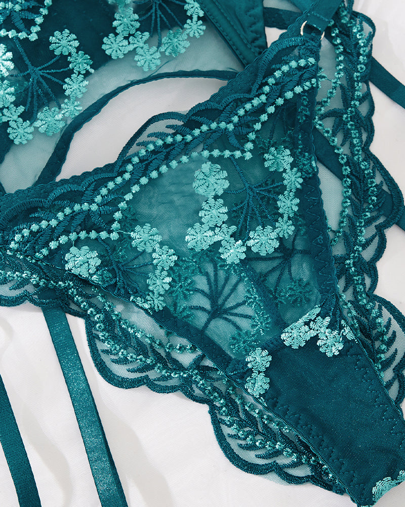 【S】Embroidery Lace Garter Lingerie Set