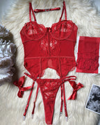Floral Lace Corset Lingerie Set with Stockings