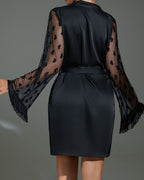 Sheer Heart Lace Satin Robe With Belt