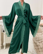 Satin Belted Robe with Contrast Lace Trim