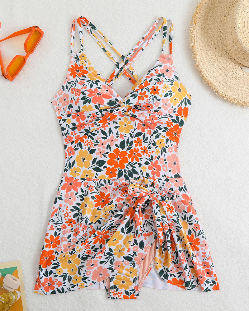 Cross straps Side Drawstring Swim Dress
