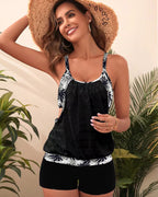 Hollow-out Mesh Floral Print Tankini Set