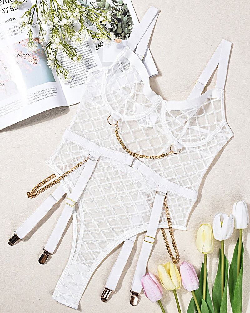 【XXL】White Mesh Chain Bodysuits