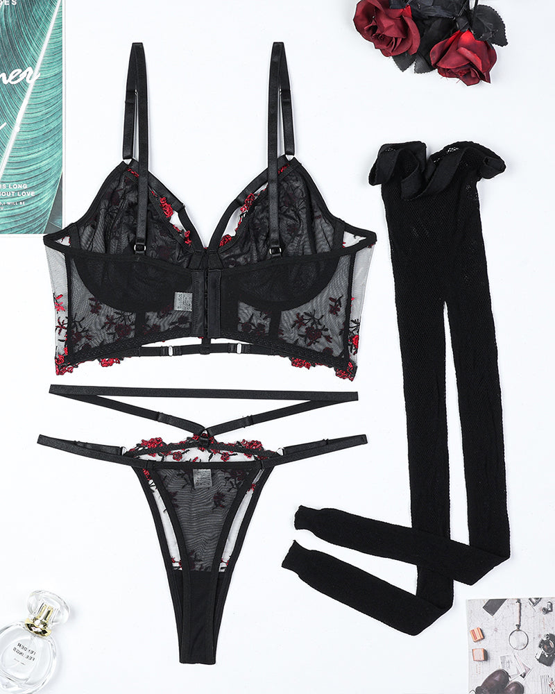 Embroidered Floral Hollow Stockings Bra Set