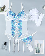 Flower Embroidered Stockings Bra Set